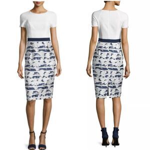 Black Halo Combo Lotus Striped Sheath Dress Women Size 2 Short Sleeve Blue Ivory